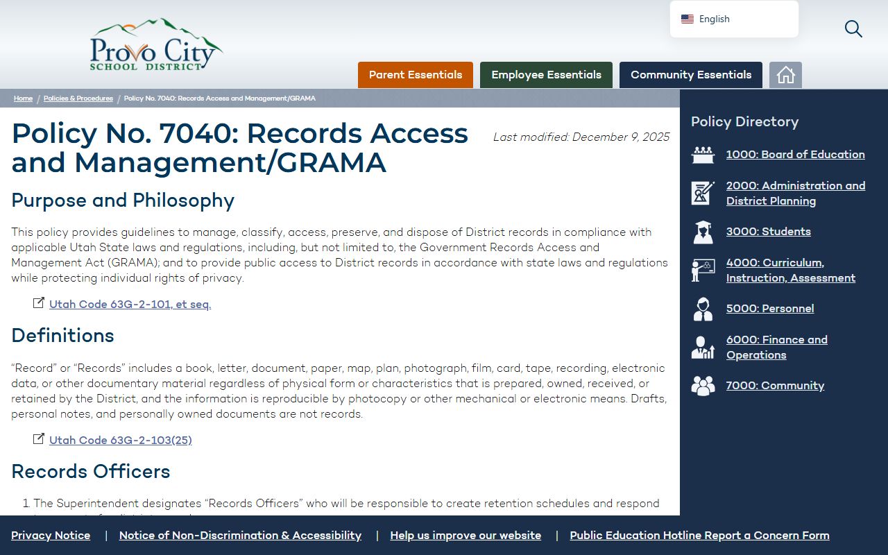 Provo GRAMA policy page for recent arrests records