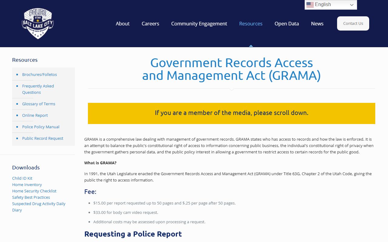 Salt Lake City GRAMA records request page for recent arrests