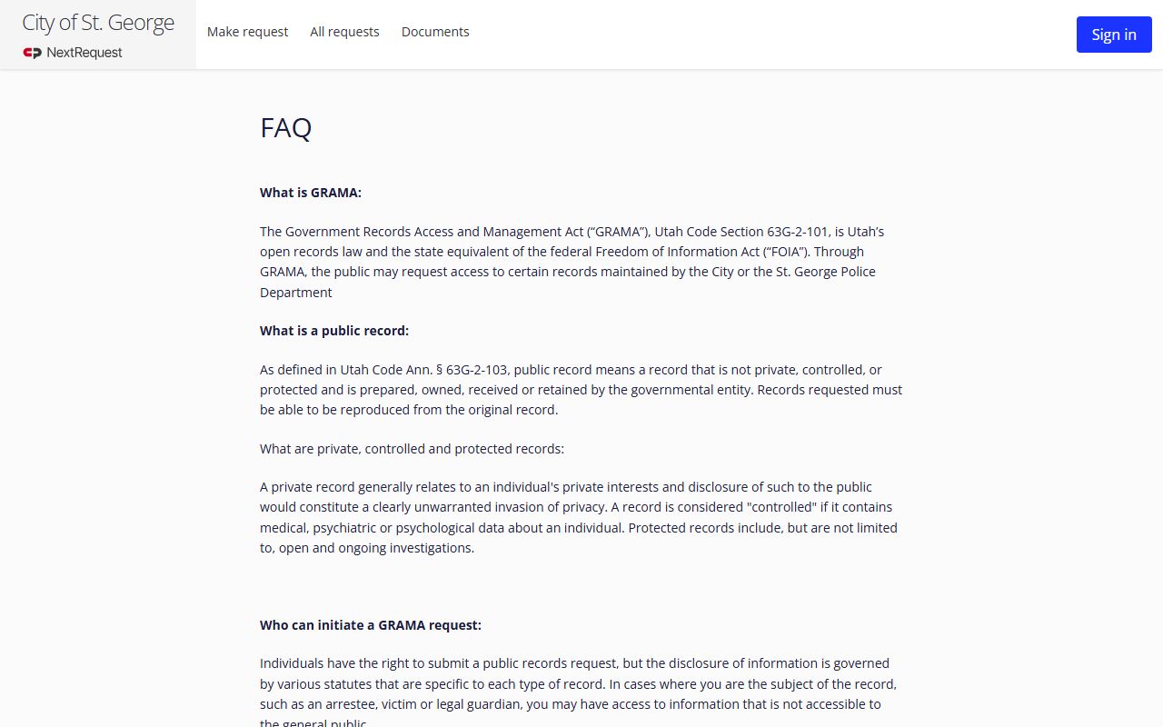 St. George Police GRAMA FAQ for recent arrests