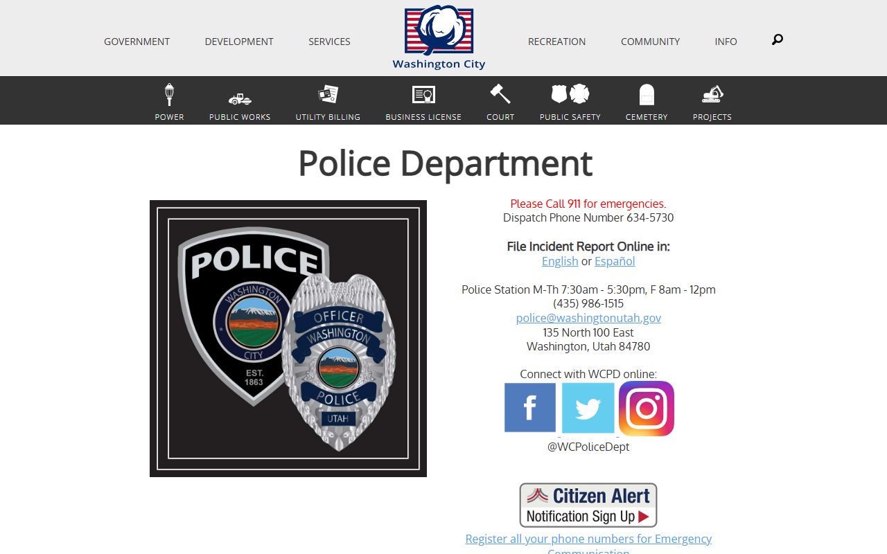 Washington City Police page used for Washington recent arrests