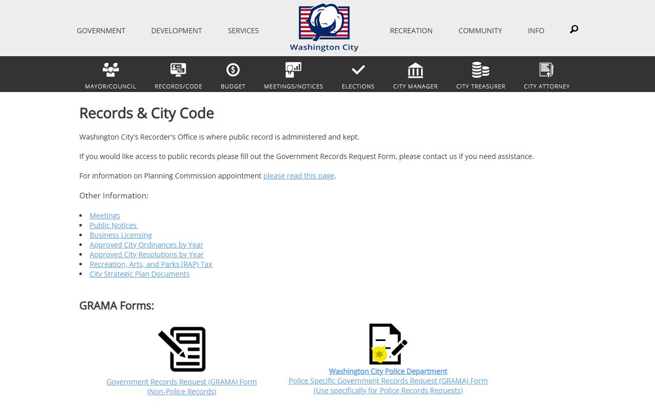Washington City records request page for Washington recent arrests