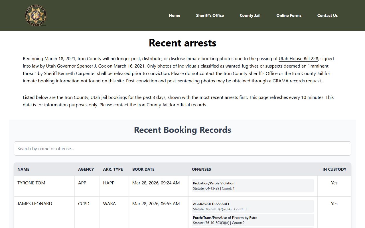 Iron County recent bookings page for recent arrests