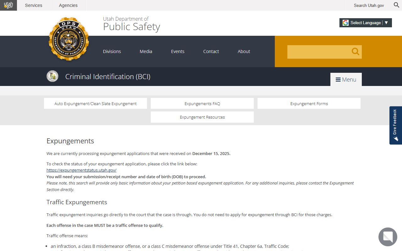 Utah BCI expungement info page for Utah Recent Arrests