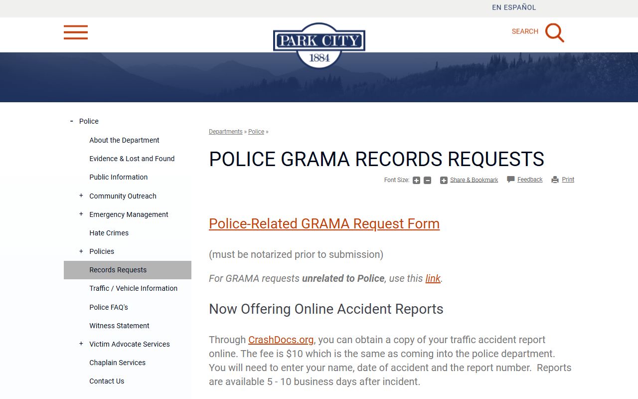 Park City Police records request page for Utah Recent Arrests